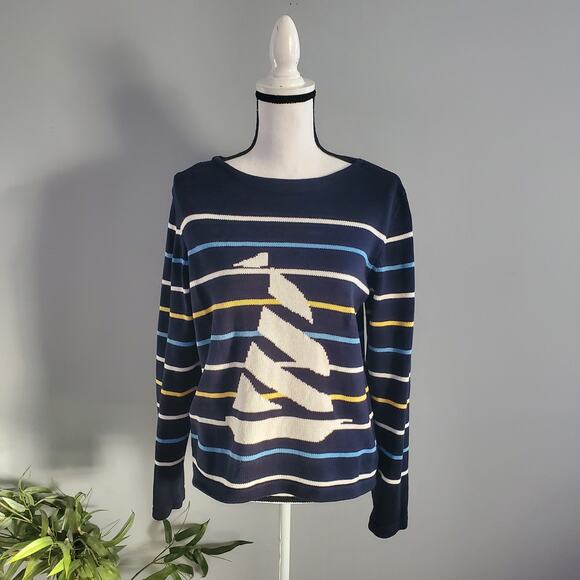 Liz Claiborne Crazy Horse Blue Striped Knit Nautical Sweater Size M - Picture 1 of 7